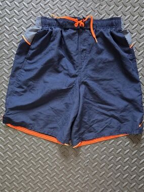Nike Men's Navy Athletic Shorts with Bright Orange Trim